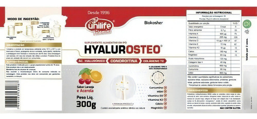 Hyalurosteo Unilife Laranja Com Acerola 300g. Sabor Laranja/Acerola