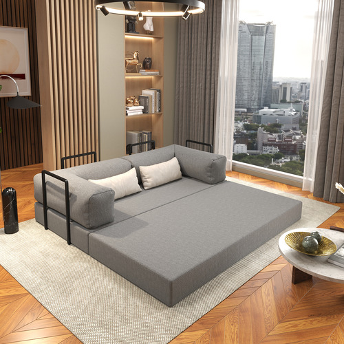 Colchão Casal 192cm Bouclê Cinza Vira Sofá-cama 2 Lugares Com Estrutura Metálica Estilo Industrial Nórdico Mod: Buble Caixa