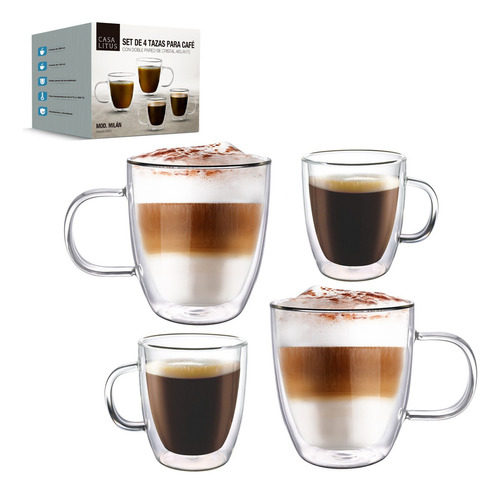 Tazas Para Cafe Doble Pared 330 Ml Y 140 Ml Set 4 Piezas