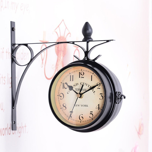 Home Garden Antique Doble Cara Pared Montaje Estación Reloj 