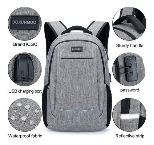 Doxungoo Mochila De Viaje Mochila Antirrobo Para Portátil Color Gray Diseño De La Tela Oxford