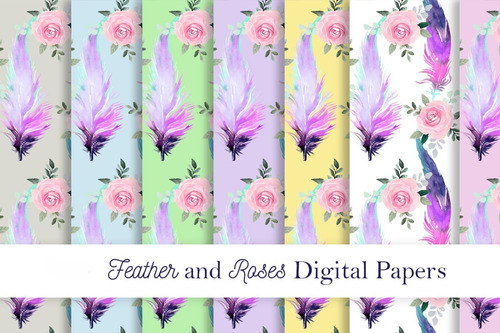 Papeles Digitales Plumas + Rosas Scrapbooking  