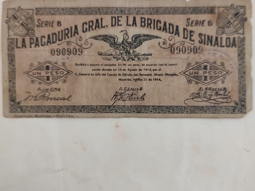 Billete 1 Peso Pagaduría Gral De La Brigada De Sinaloa 