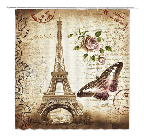 Vintage Cortina De Ducha Torre Eiffel Retro Flor Maripo...