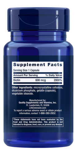 Life Extension, Biotina 600 Mcg, Cabello Y Uñas 100 Caps Sabor Sin Sabor