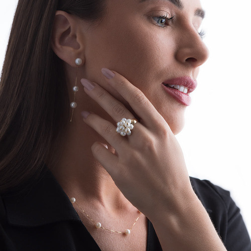 Anel De Arranjo De Pérolas Biwa Em Ouro 18k Aro 24