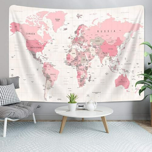 Tapiz Mapa Mundial Rosa Vintage Para Decoración De Dormitori