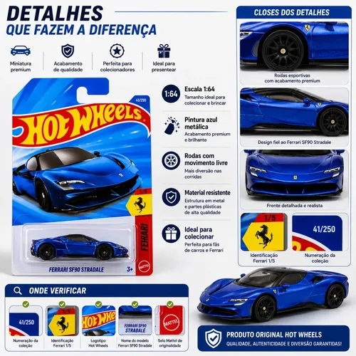 Carrinho Hot Wheels Ferrari SF90 Stradale Azul na Escala 1:64