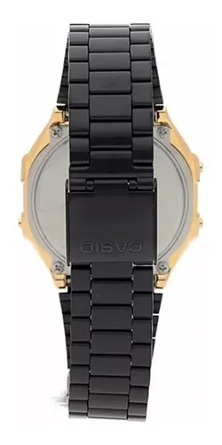 Reloj de pulsera Casio Collection LA680 de cuerpo color dorado, digital,  para mujer, fondo negro, con correa de acero inoxidable color dorado, dial  negro, minutero/segundero negro, bisel color dorado y hebilla de