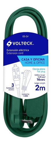 Extensión Eléctrica Doméstica, 2 M, Verde, Volteck 48002 Color Verde