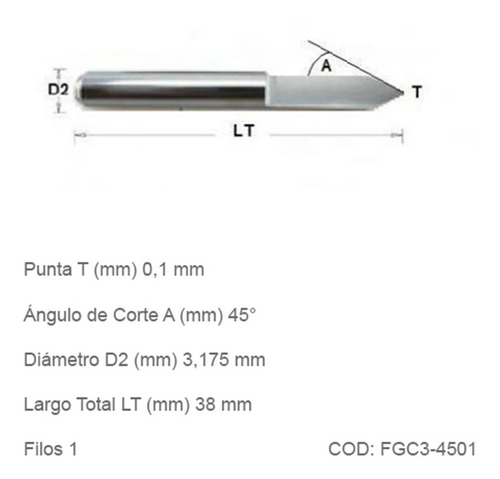 Fresas Cónicas Grabado Cnc Router 45º, 1 Filo, Punta 0.1mm