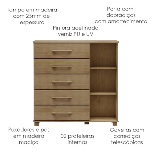 Comoda 5 Gavetas 1 Porta Madeira Maciça 125 Cm 2251 Freijo M