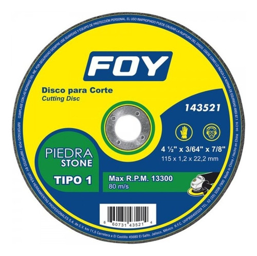 Disco T/1 Piedra 4 1/2 X 1.2mm Foy 143521 Foy Color Gris