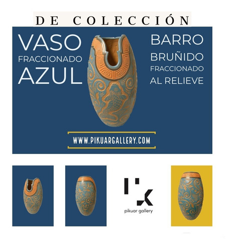 Vaso De Barro Bruñido Fraccionado Azul Engrecado Esgrafiado.