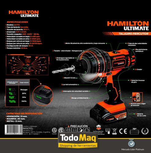 Imagen 7 de 10 de Taladro Atornillador Percutor Batería 20v Litio Ultimate 111