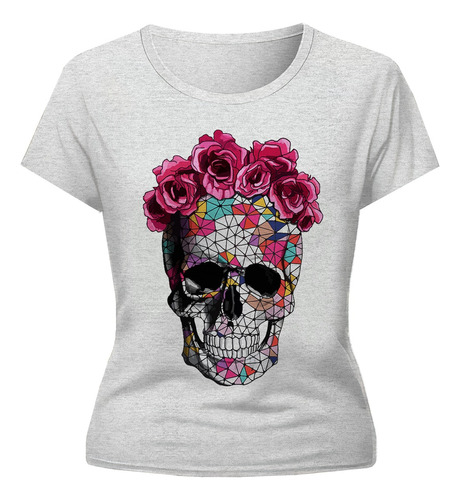 Remera Frida Calavera Mexicana Flores Dama Gris