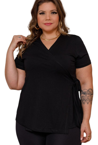 Blusa Manga Curta Transpassada Amarrar Plus Size 