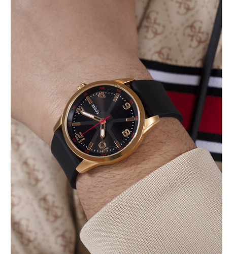 Reloj Guess Monte Gw0805g2 Hombre Adulto Dorado. Correa Negro Bisel Dorado Fondo Negro