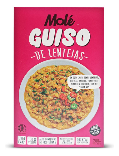 Guiso De Lentejas Mole 100% Vegetal Sin Tacc Caja X 200gr