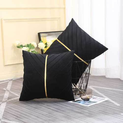 Fundas De Cojin Color Negro Con Franja Dorada 40x40cm 2 Pzs