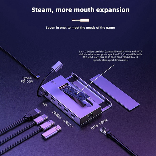 Dock, Estación De Acoplamiento Usb C, 7 En 1 Con 4k @60hz,