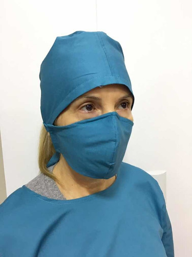 Imagem 2 de 9 de Kit Gorro + Avental + Máscara Reutilizáveis Em Tricoline