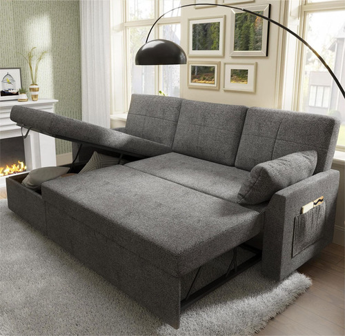 Sofá Cama Extraíble De Lino Gris Con Diván De Almacenamiento