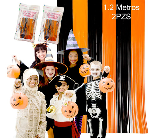 Halloween Cortinas Papel Plastificado Naranja Negro 2x4mts