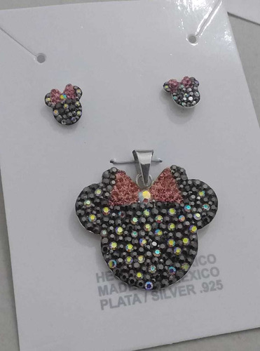 Arete Y Dije Mimi Rosa Mickey Mouse Plata Ley 925