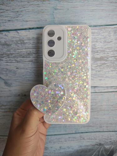 Funda De Brillo Y Pop De Corazón Para Samsung A34 Blanco