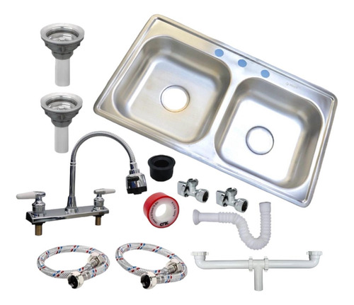 Fregadero Tarja Tina Doble Acero Inox 84x48 Con Kit Mez Flex