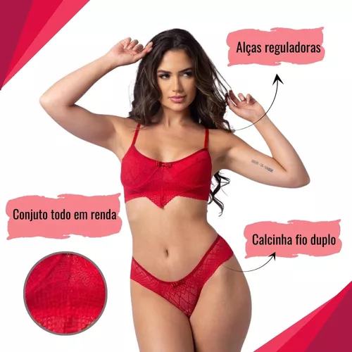 Conjunto de lingerie em renda sutiã sem bojo com aro e calcinha