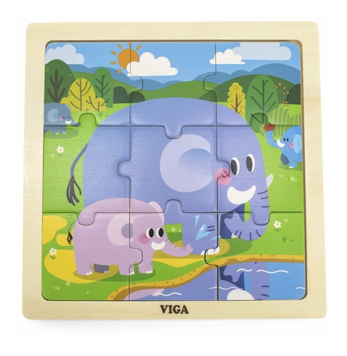 Juguete Madera Viga Puzzle 9 Pcs Didáctico Familia Elefante