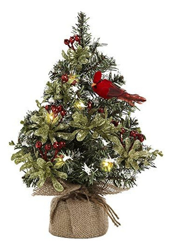 12 Inches Plastic Light Up Evergreen With Red Cardinal