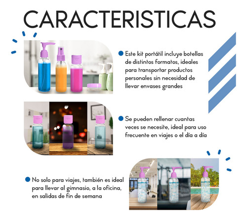 Set 7 Pzs Botellas De Viaje Rellenables Para Cuidado Personal, Frascos Plásticos Para Líquidos Cosméticos, Cremas, Gel Antibacterial Y Shampoo, Ideales Para Vacaciones O Gimnasio Color Rosa Diler