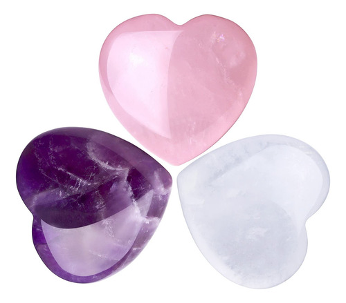 Conjunto De 3 Cristales Corazón De Cuarzo Rosa Y Amatista C