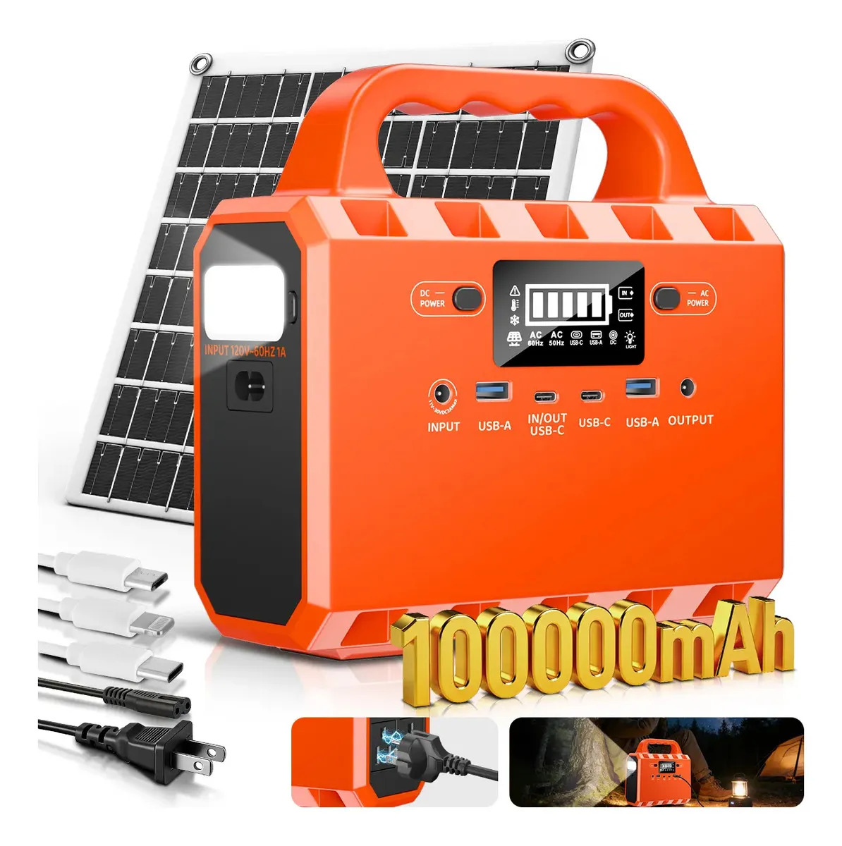 Estacion De Energía Solar Portátil 100000mah/300W Beaowink Generador Eléctrica Con Led Luz + Pantalla+9 Puertos Cargador De Batería Power Bank Con Panel Solar De Carga