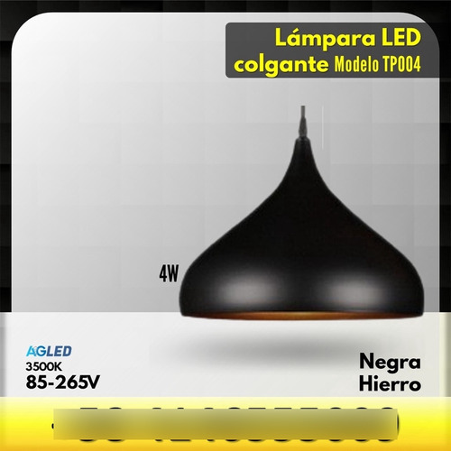 Lampara Led Colgante 5w Negro 3500k Ac85-265v Iron Tp004