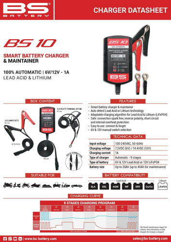 Imagen 9 de 10 de Cargador De Batería Inteligente Para Moto Bs Bs10 6v/12v 1a