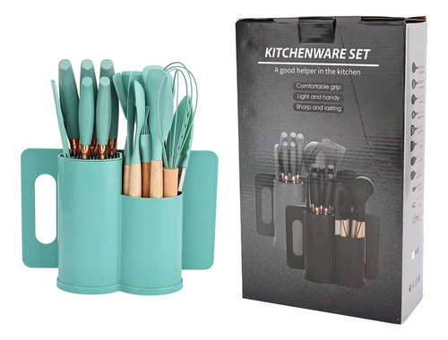 Set Kit Utensilios De Cocina Silicona Y Cuchillos 19 Piezas Verde