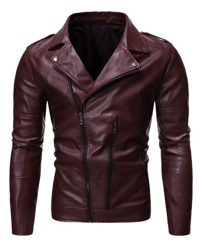 Chaqueta De Piel Biker De Corte Ajustado Para Hombre En Liso