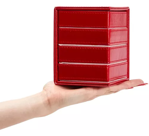 Organizador de joyas giratorio de 4 capas para hombres, mujeres, pequeña  caja de piel sintética para collares, anillos, aretes, pulseras (rojo, 4 x  5