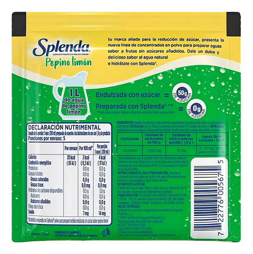 20 Sobres Concentrado En Polvo Splenda Pepino Limón 7g C/u