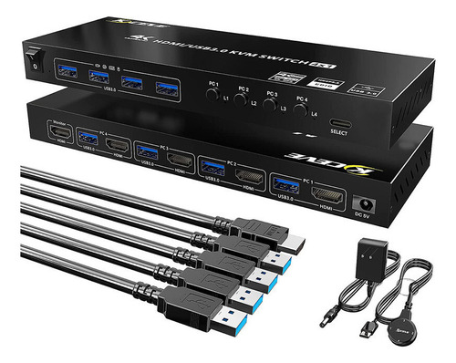 S Conmutador Usb 3.0 Kvm Us Us De 4 Puertos+ Hdmi 4 En 1 4 S