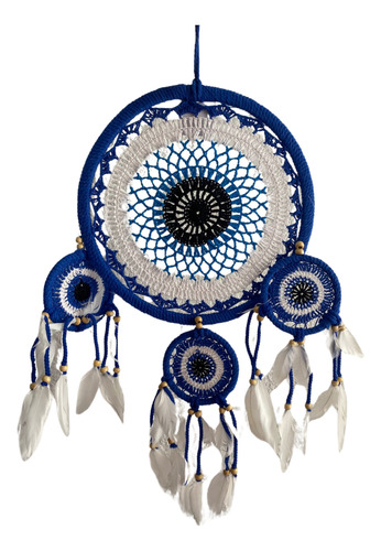 Hermoso Atrapasueños Azul Y Blanco 60cm Alto Con Plumas