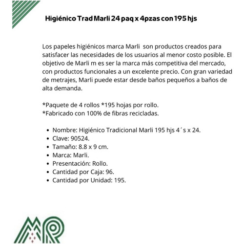 Higiénico Tradicional Marli 24 Paquetes C/4 Pzas De 195hjs