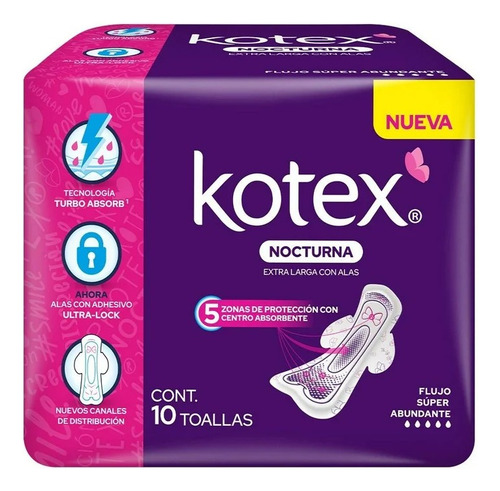 7 Pza Toallas Femeninas Kotex Nocturna Extra Larga Con Alas