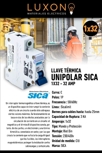 Llave Termica Termomagnetica Unipolar 1 X 32 Amp Sica 1x32a
