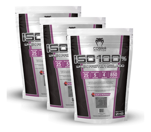 Kit Whey Protein Isolado 6 Kg 3 Pacotes Açaí Com Morango