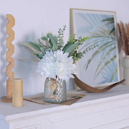 Jarrón Flores Eucalipto Sauce Artificiales Decoración Blanco
